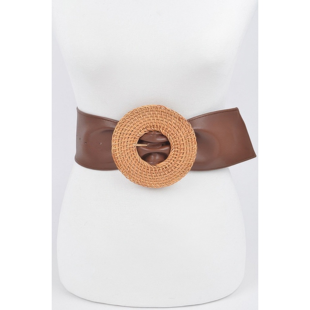 Wide Waist Belt Women OS Brown Excellent Woven Straw Rattan Buckle